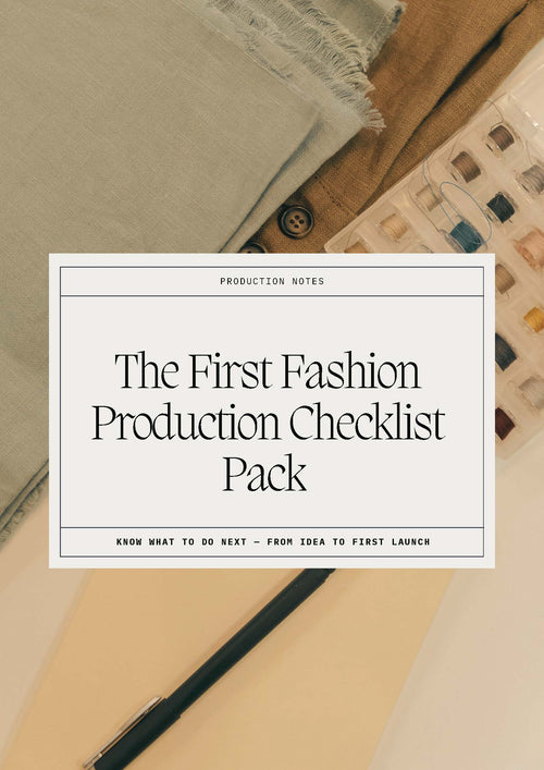 cover title The first Production Checklist pack, photo of yarn, fabrics on table